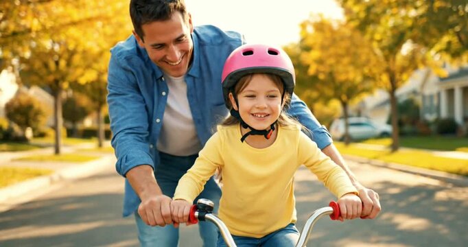 Happy father teaching his smiling daughter to ride a bicycle on a sunny autumn day in the neighborhood