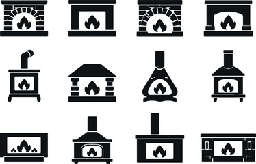 Minimalist Fireplace Icons. Solid black filled vector icon set of fireplace home icons, minimal geometric shapes, bold silhouette