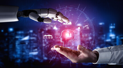 The brain of business intelligence is AI powered data analysis. A concept of a smart system using...