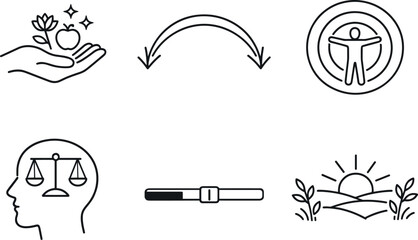 Psychological Abundance Icons. Line style vector icons of psychological adaptation to abundance: open-hand plenty symbol, easing