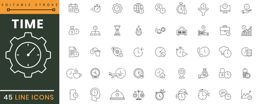 Time management line icons set editable stroke business planning work schedule clock symbols