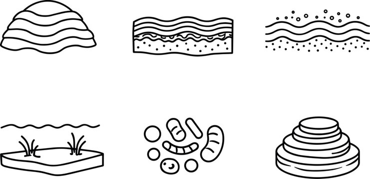 Stromatolite Icon Illustrations. Line style icons of stromatolite basics: layered dome structure, microbial mat slice, sediment