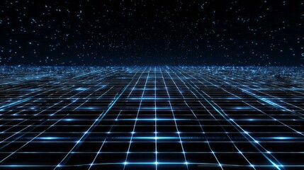 Neon grid recedes into a starry, digital universe.