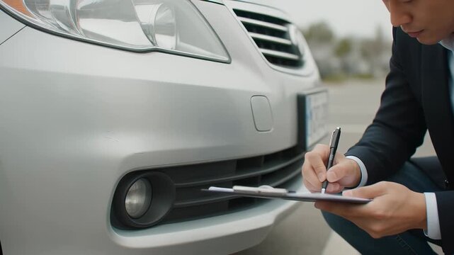 Professional insurance adjuster inspecting scratches on a silver car bumper and writing a damage report on a clipboard, ideal for accident claim assessment.