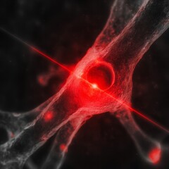 Microscopic view of a glowing red cell with intersecting light beams.