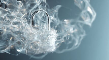 Abstract padlock glowing with digital dust and smoke, representing cybersecurity, data protection, secure online connection, and encryption technology
