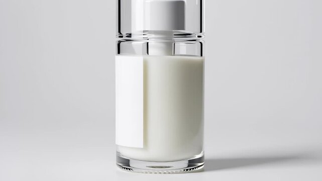 3D animation of a clear glass pump bottle filling with white cosmetic lotion behind a blank label, ideal for skincare branding mockups.
