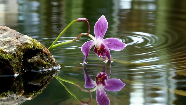 Tranquil 4K time lapse macro scene of orchid flowers blooming beside smooth stones with gentle water reflections creating spa inspired zen atmosphere of balance 