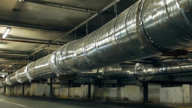 Clean 4K industrial close up zooming toward insulated silver district heating pipelines bending under an underpass highlighting infrastructure energy 