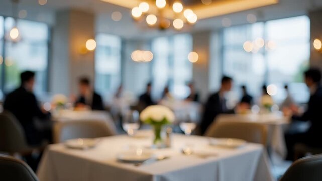 Defocused luxury restaurant interior with warm bokeh chandelier lights and busy dining crowd silhouettes, ideal for hospitality background