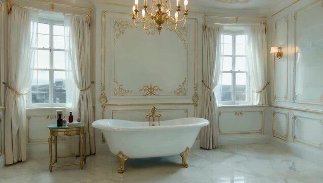 Elegant luxury bathroom interior featuring white freestanding bathtub paired with side table set inside modern high rise condominium captured polished cinematic ultra HD 