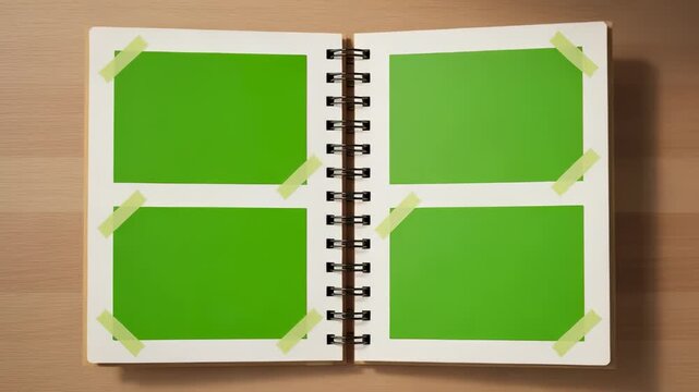 Opening spiral notebook revealing four green screen photo frames taped on paper pages over a wooden texture, designed as a seamless 3D mockup animation for memories.