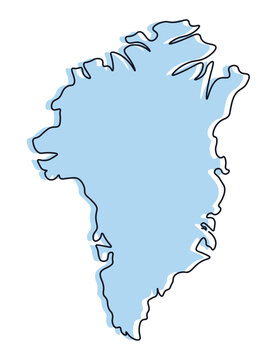 Greenland map. Drawing with single continuous line. Country in one line. Editable color linear art illustration on white background. Isolated outline vector. Simple minimalist doodle style.
