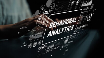 Hands Typing on Keyboard with Overlay of Behavioral Analytics Data Visualization and Graphs. Asymptotic smart data analytic.