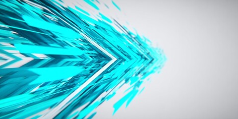 Bright teal geometric shapes streak forward creating an abstract motion effect.