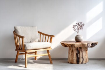 Minimalist wooden armchair and natural wood slice table with dried flowers.