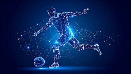 Futuristic Football Player Kicking Ball with Digital Network Connection.