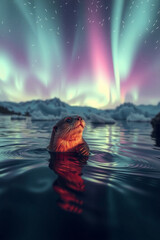 Spirit Otter Swimming in Aurora Ocean