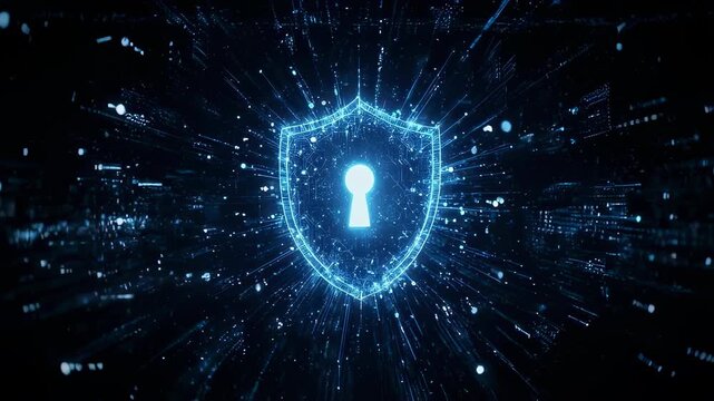 Glowing digital shield with keyhole centered against a dark, fragmented data background