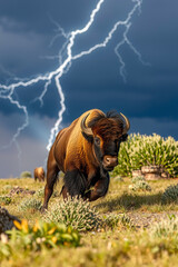 Bison Charging Through Thunderstorm