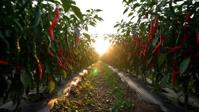 Rows of vibrant red chili pepper plants growing in a field under the warm glow of a setting sun.