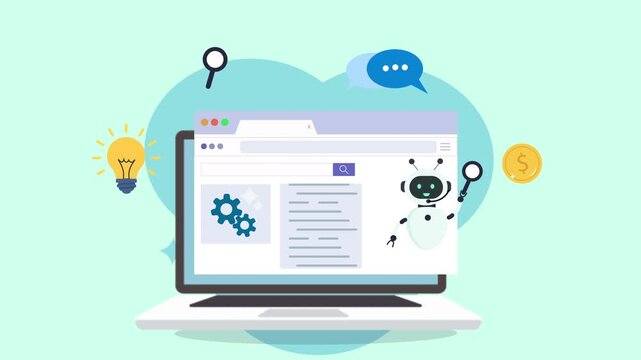 Laptop with AI chatbot and gears on screen, symbolizing technology and innovation.