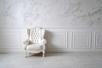 Elegant white armchair in a room with marble wall and paneling.