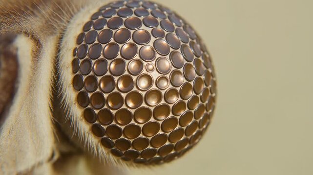 Extreme macro close up of a horse fly compound eye displaying metallic bronze hexagonal facets and fine hair, illustrating detailed insect anatomy and biology concepts