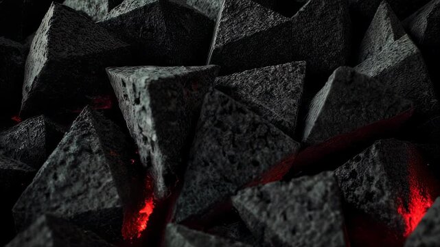Jagged, dark grey, textured geometric shapes with glowing red embers within crevices