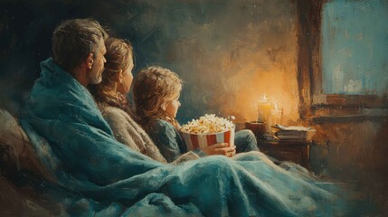 Fototapeta premium family enjoying a movie night with popcorn