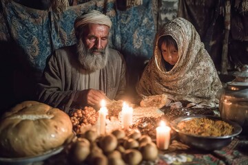 family sharing fruits and bread during Ramadan
