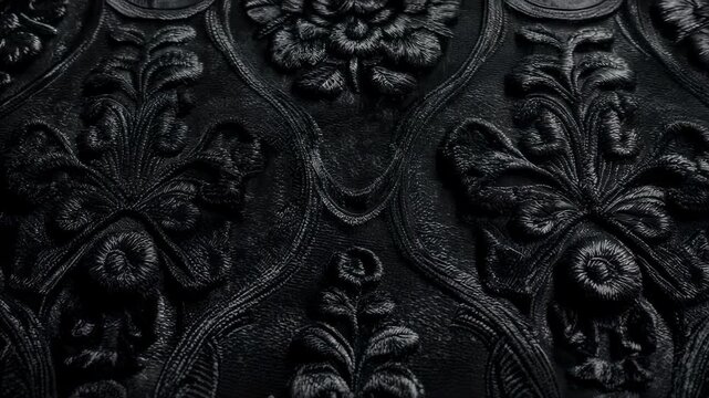 Intricate dark fabric with raised floral and foliate embroidery