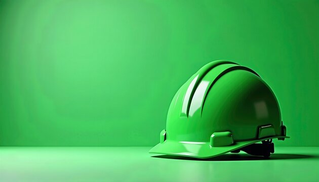 Safety or construction-themed St. Patrick&rsquo;s Day/  green hard hat and a minimalist design, solid green background, monochrome palette, plenty of empty space for text.