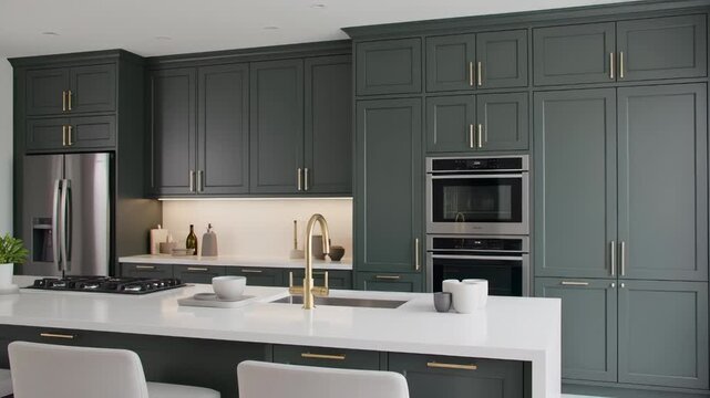 Elegant contemporary kitchen interior featuring dark green cabinetry and a white quartz island with gold accents, showcasing luxury home design concepts.