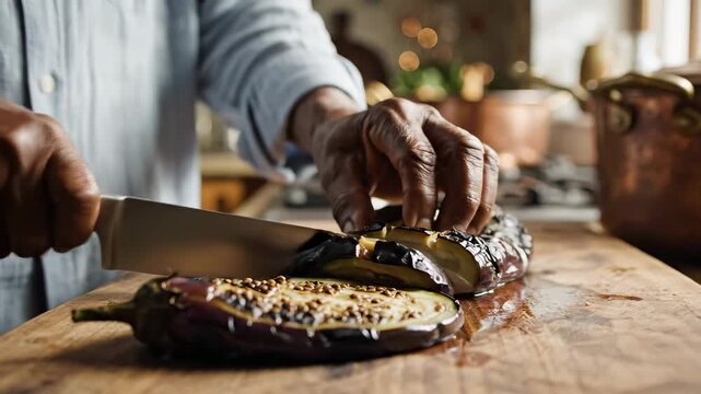 Chef cuts eggplant on wooden board. Bright kitchen setting with copper pots and soft natural light. Concept of cooking, culinary arts, kitchenware