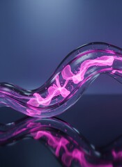 Abstract liquid sculpture with neon pink glowing core and transparent fluid wave on dark background