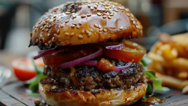 Video A juicy hamburger with various toppings such as lettuce, tomato, cheese, and condiments