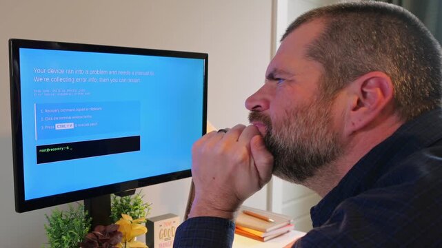 PHALT BLYX Blue Screen ClickFix Style Social Engineering Attack Example as Middle Aged Victim Executes Shell Script Payload Delivery Cyber Concept