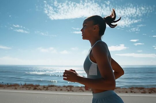 A young Latin American marathon runner in a tracksuit runs along a long empty seaside road