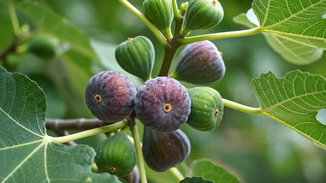 Closeup of ripe and unripe figs growing on a fig tree branch in a garden.