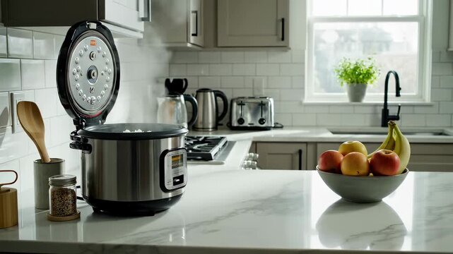 Rice cooks in electric cooker with steam rising. Modern kitchen features clean counters with fruit bowl. Concept of cooking, meal prep, kitchen appliances
