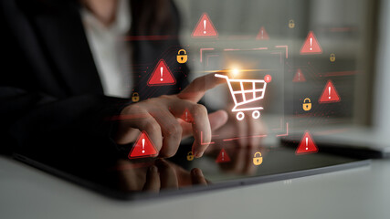 A security alert concept for e-commerce. This warning signifies a risk in an online shopping...