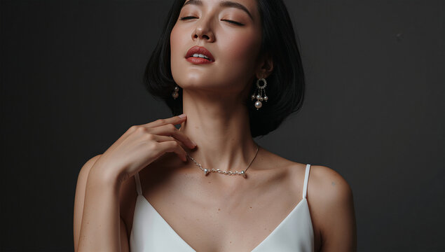 同じ白壁で日本人女性が鎖骨に手を添えローキーの陰影で魅せる