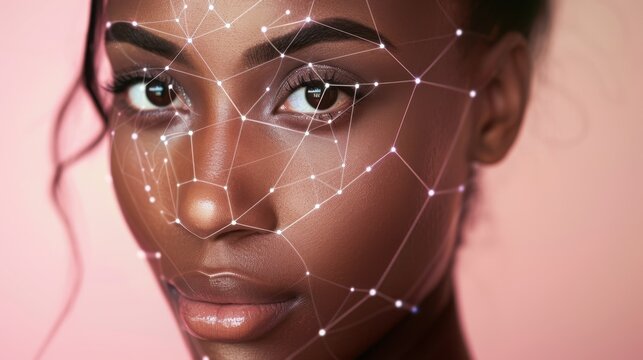Portrait of African American woman with biometric facial recognition lines for beauty scanning and skincare analysis