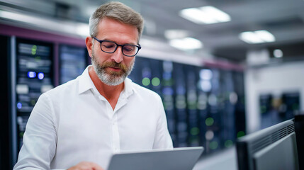 Experienced IT specialist working on a laptop, troubleshooting systems and ensuring data integrity in a busy server room