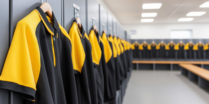 Black and yellow sports uniforms neatly hanging in a modern locker room, ready for team members before a match or training session