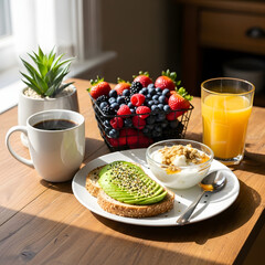 breakfast with tea and fruits
