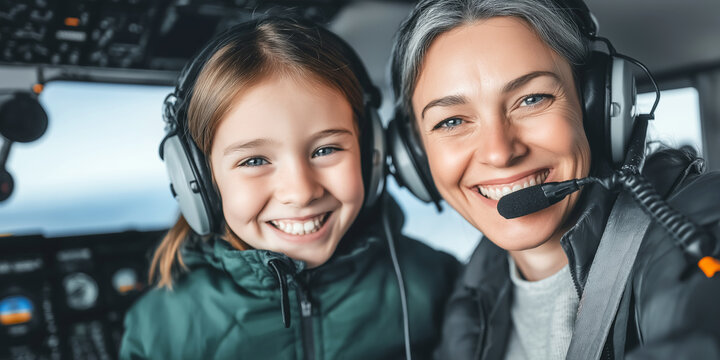 Female instructor and young girl smiling, wearing aviation headsets in an airplane cockpit, inspiring future pilot dreams