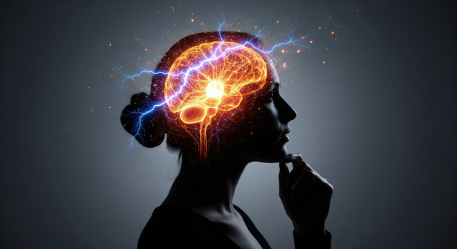 Silhouette of thinking woman with glowing digital brain, neural network lightning and energy sparks on dark background