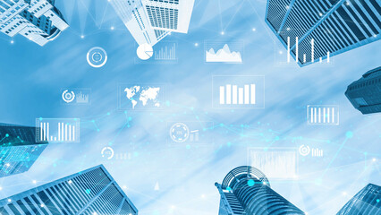 A breathtaking view of modern skyscrapers reaching for the blue sky, complemented by digital elements that depict data visualizations, illustrating the fusion of technology and urban life. Xenic